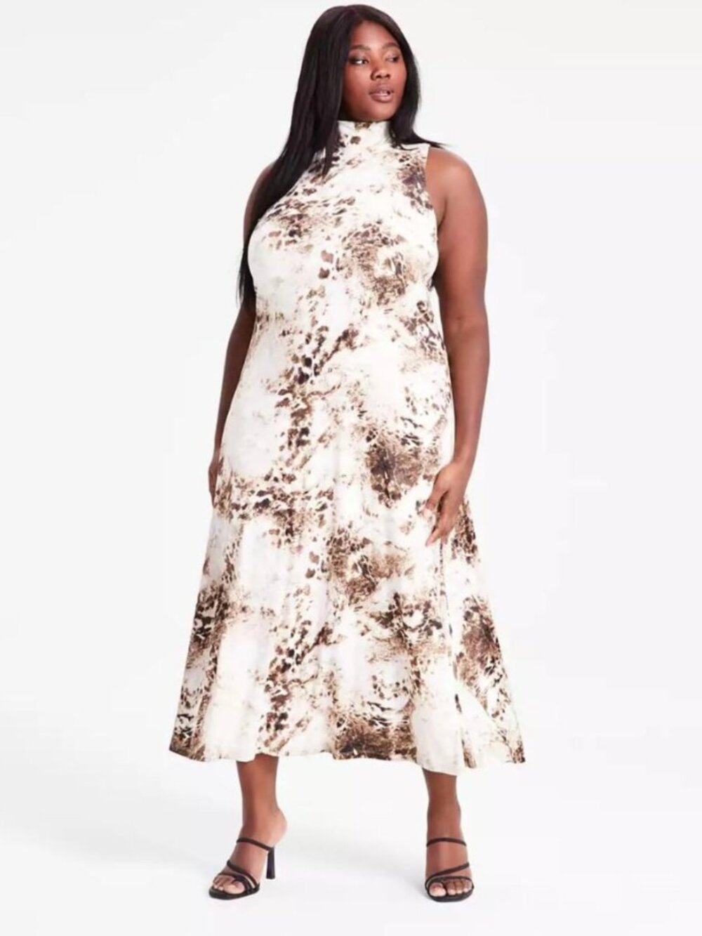 Bar III Printed Mock Neck Sleeveless Midi Dress Brown And White Size 3X
